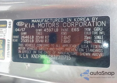 2018 Kia Sportage Lx z USA, uszkodzony, nr VIN KNDPM3AC8J7311715